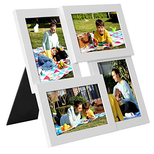 SONGMICS Collage di Cornici per 4 Foto, per 10 x 15 cm, Galleria per Esposizione Foto a Parete, Pannello di Vetro, Venatura di Legno, Bianco RPF25WT