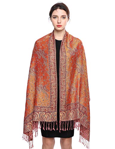 EASE LEAP Sciarpa Pashmina per donna scialle avvolgente caldo di lusso con sensazione di seta Hijab Paisley in colori ricchi con frange 200 * 70cm/(7-Arancio)