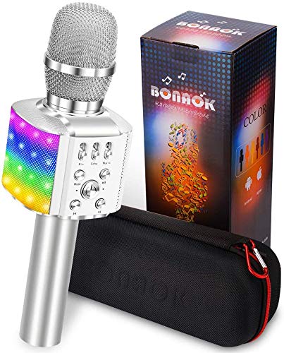 Karaoke Microfono Wireless, BONAOK Karaoke Bambini con Microfono Aggiornato 4 in 1 Portatile Rechargeable Karaoke Player, Portatile Festa a Casa LED Flash Microphone per Android/iPhone/PC (Argento)