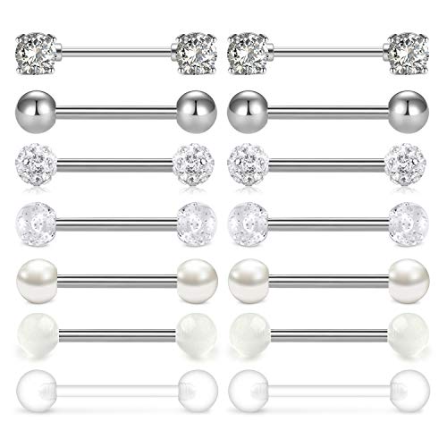 Mayhoop 14Pezzi Anello al Lingua al Capezzolo Acciaio Inossidabile Pirecing della Lingua Capezzolo CZ Perla Barbell Gioielli da Piercing per Il Corpo 14 Gauge Argento