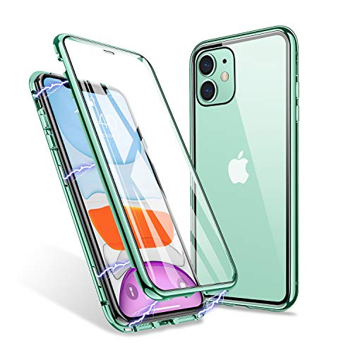 ZHIKE Custodia per iPhone 11, Caso Adsorbimento Magnetico Anteriore e Posteriore in Vetro Temperato Copertura a Schermo Intero Flip Cover di Design a Un Pezzo per Apple iPhone 11 (Verde Chiaro)