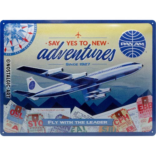 Nostalgic-Art Targa Vintage Pan Am – New Adventures – Idea regalo per amanti dei viaggi, in metallo, Design retro per decorazione, 30 x 40 cm