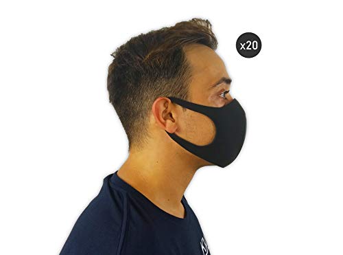 KMINA - Mascherine Lavabili Economiche (20 pezzi), Mascherina Nera, Macherina Lavabile, Mascherine Antipolvere, Viso, Fascia Protettiva Riutilizzabile, Mask.