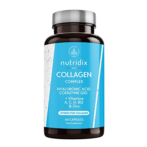 Collagene + Acido Ialuronico - Collagene Idrolizzato con Vitamina C, A, D, B12, Coenzima Q10 e Zinc - 60 capsule Nutridix