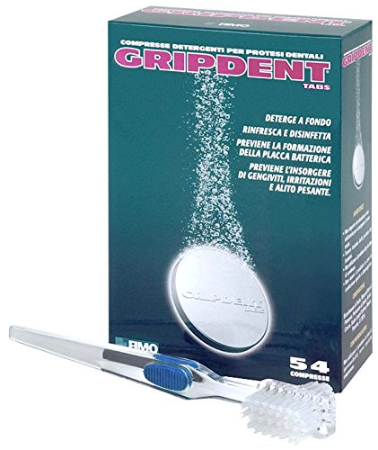 Gripdent TABS 54 Compresse disinfettanti + spazzolino puliscidentiera omaggio. Disinfetta e sbianca dentiere, bites, paradenti, apparecchi ortodontici e dispositivi per l'apnea notturna