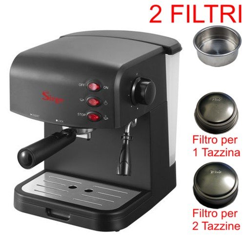 Sirge CREMAEXPRESSO-C Macchina per Caffè Espresso e Cappuccino Manuale Pompa Italiana 15 bar e Caldaia da 850 Watt [MODELLO COMPLETO DI 2 FILTRI porta caffè, per 1 o 2 tazzine di caffè]