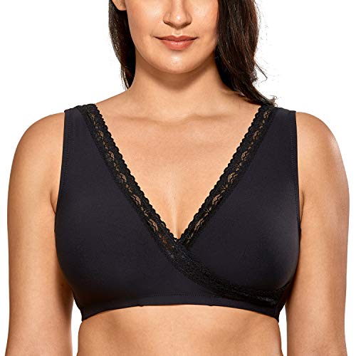 DELIMIRA Donna Reggiseno Allattamento Pizzo Senza Ferretto Taglia Grossa Nero 10G/H