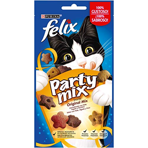 Purina Felix Party Mix Snack Gatto Original Mix al Gusto di Pollo, Fegato e Tacchino, 8 Confezioni da 60 g Ciascuna