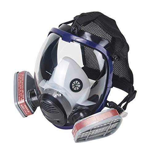 OHMOTOR Respiratore Pieno Facciale, Maschera di sicurezza per la protezione del viso con respiratore di vapore organico per vernice, polvere Certificazione CE (Respiratore blu)