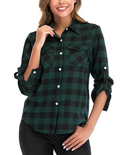 Enjoyoself 100% Cotone Donna Camicia a Quadri Flanella Blusa Casual Manica Lunga Capo Classico Shirts Tops