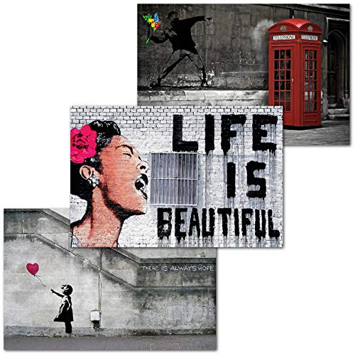 GREAT ART Set di 3 Poster XXL - Banksy Opere d'Arte - Balloon Girl Life is Beautiful Lanciatore di Fiori Graffiti Billie Holiday Jazz Interior Design Murale cadauno 140 x 100 cm