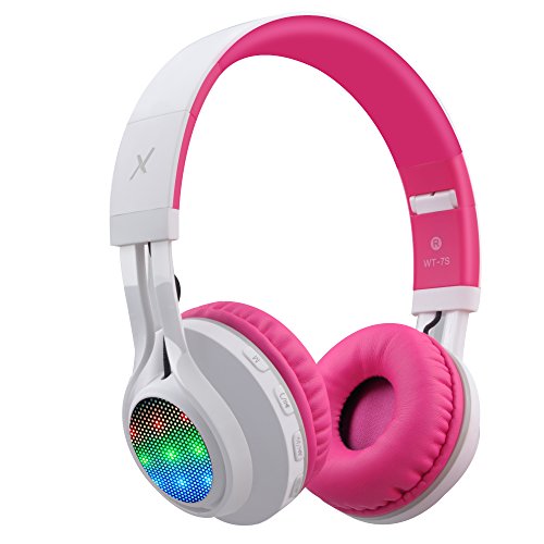 Riwbox WT-7S - Cuffie Bluetooth a LED, pieghevoli, con microfono e controllo del volume per PC/iPhone/TV/iPad (rosa/bianco)