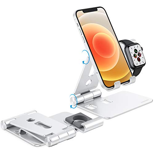 OMOTON 2 in 1 Supporto Pieghevole per Apple Watch e Telefono, Dock per iPhone e Apple Watch SE/6/5/4/3/2/1, Stand, Porta Cellulare da Tavolo Compatibile con iPhone 12/11 Pro Max, Samsung, Argento