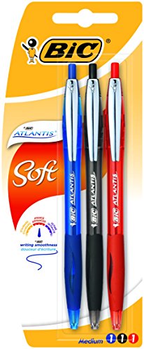 Bic Atlantis Soft Penna a Scatto a Sfera Punta Media 1,0 mm Grip in Gomma e Clip Metallica Blister da 3 Penne Colori Nero, Blu e Rosso