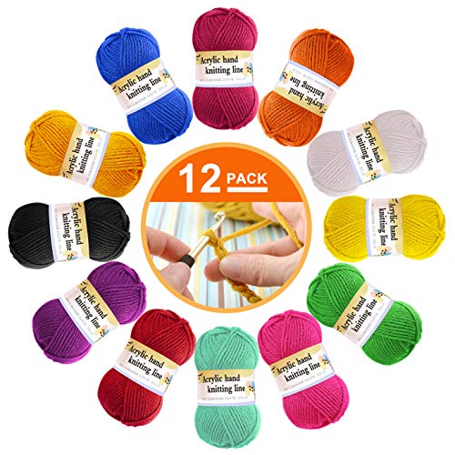 Pacco di lana acrilica da 12 pezzi - lana per maglieria multicolore con filati all'uncinetto, di filati di lana di colore in 12 colori vivaci (ogni 13g)