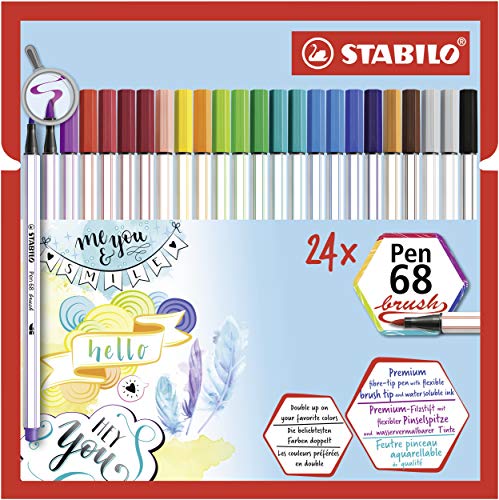 Stabilo Pen 68 Brush Pennarello Premium con Punta a Pennello, Pack da 24, Assortiti