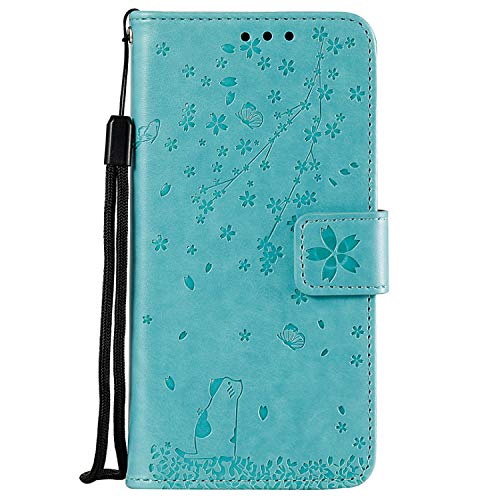Miagon Goffratura Cover per Samsung Galaxy A50,Gatto Farfalla Fiore Pelle Premium Portafoglio Flip Cover Libro Portafoglio Antiurto con Supporto,Verde