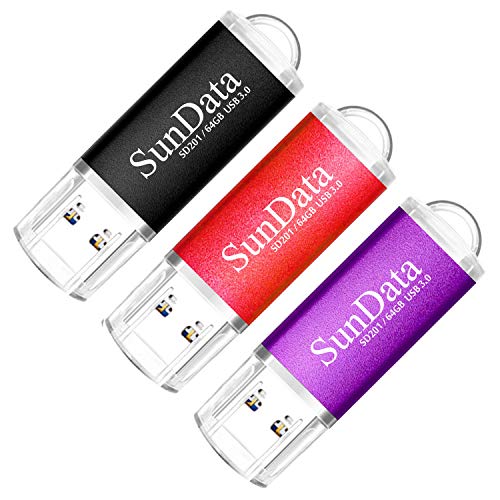 SunData 3 Pezzi Pendrive 64GB Chiavetta USB 3.0 archiviazione dati pen drive Fino a 90 MB/s, (3 Colori Misti: Nero, Rosso, Viola)