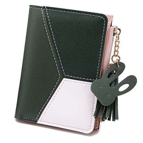 JOSEKO Portafoglio Donna,Piccolo Portafoglio Multi-slot in Pelle PU con Frange a Forma di Cuore con Pochette a Doppio Strato Verde