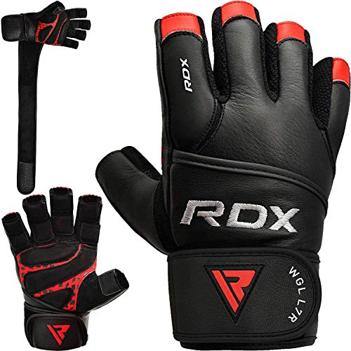 RDX Guanti Palestra Pelle Fitness Lunghi Polso Sollevamento Pesi Allenamento Antisudore Workout Bodybuilding Antiscivolo Imbottiti Powerlifting Gym Gloves