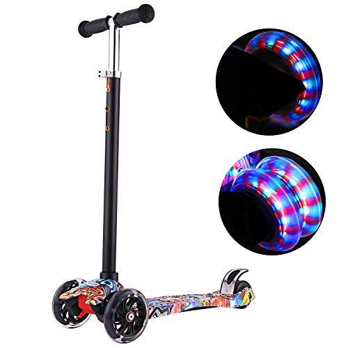 Profun Monopattino con 3 PU Route Luce LED Scooter per Bambini Manubrio Regolabile Altezza 54CM-69CM per Bambini 3-8 Anni (Graffiti 2)