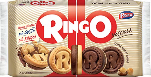 Pavesi Ringo Biscotti Farciti con Crema di Nocciola e Cioccolato per Colazione o Gustoso Snack - Contiene 6 pacchetti da 6 biscotti ciascuno - 310 g