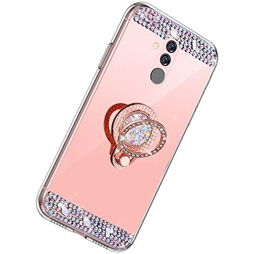 Herbests Cover per Huawei Mate 20 Lite Custodia Morbido Cover Specchio Ultra Slim Sottile Antiurto TPU Silicone Custodia Brillantini Diamond Strass Cover Case con Supporto Anello,Oro Rosa