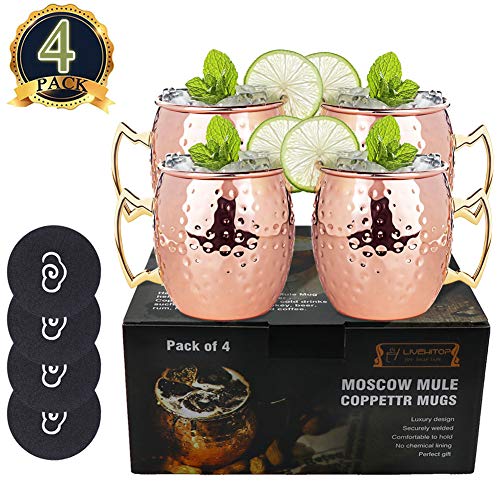 LIVEHITOP Moscow Mule Set 4 Bicchieri Rame, 530ml Tazze Rame con Coaster Accessori per Cocktail, Bevanda Fredda, Festa, Bar (Pack of 4)