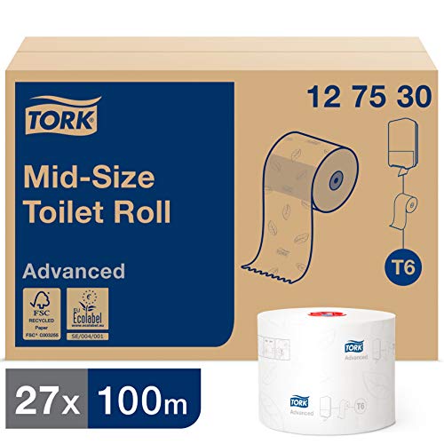 Tork 127530 Rotoli Carta Igienica Soft Advanced Mid-Size, 2 veli, compatibile con sistema T6, 27 Rotoli (27 x 100 m), Bianca