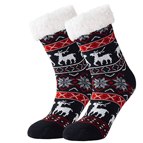 Goodstoworld Morbida e calda baita con calze Teddy fodera e ABS suola antiscivolo,Winter warm fluffy no slip socks knit Christmas Elf Graphic
