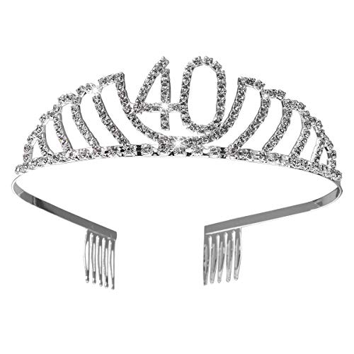 Frcolor Corona per Compleanno 40 Anni Cerchietto Diadema Principessa Donna Tiara Strass Cristallo con Pettine (Argento)