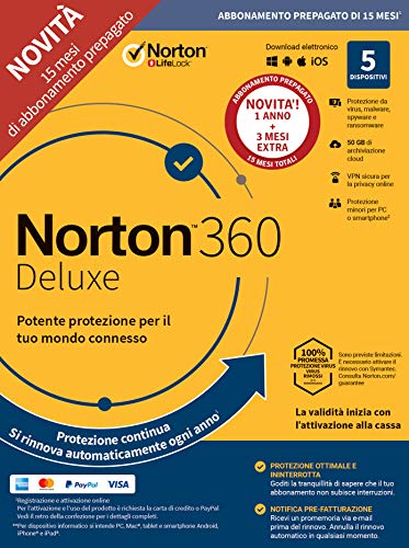 Norton 360 Deluxe 2021, Antivirus per 5 Dispositivi, Licenza di 15 mesi con rinnovo automatico, Secure VPN e Password Manager, PC, Mac, tablet e smartphone