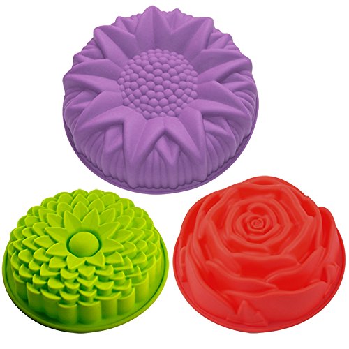 3 pezzi a forma di fiore in silicone cake Bread Pie flan Tart Molds, Senhai grande rotonda girasole crisantemo rosa forma antiaderente teglie per festa di compleanno fai da te – giallo, rosso, viola