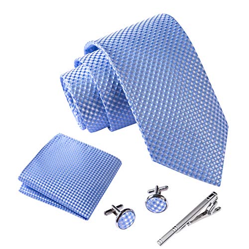 Massi Morino ® Cravatta uomo + Gemelli + Fazzoletto (Set cravatta uomo) regalo uomo con confezione regalo (Azzurro)