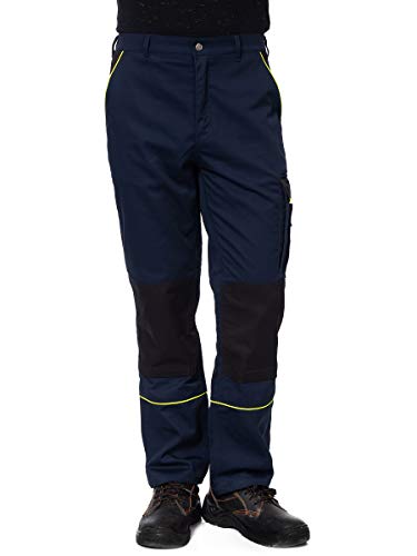 DINOZAVR Pantaloni da Lavoro Extra Resistenti - con Tasche Multifunzione e Ginocchiera e Strisce Riflettenti - Stile Cargo - Uomo - Blu Scuro - EU56