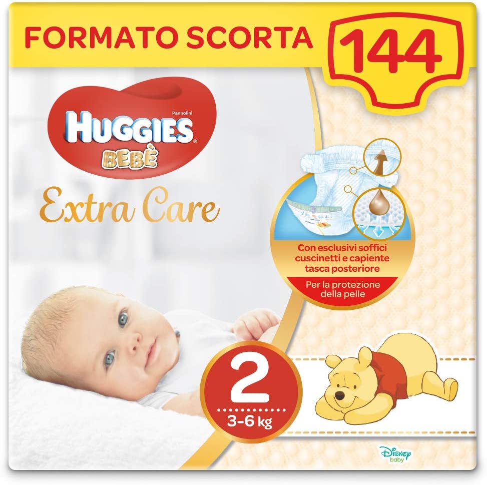 Huggies Extra Care Bebè - Pannolini Taglia 2 (3-6 kg), Confezione da 144 Pezzi