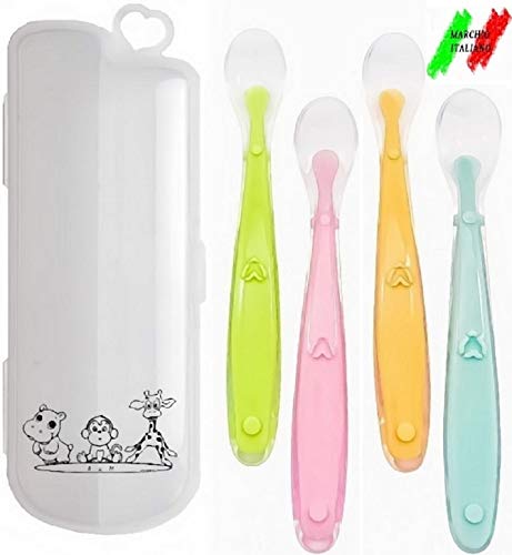 A&M company, Cucchiaino Svezzamento Silicone, Cucchiaio Dentizione Neonato, Porta Cucchiaini + 4 Cucchiai Manico Lungo, Set Pappa Neonato, Kit Baby Punta Morbida,Bebè 4+.