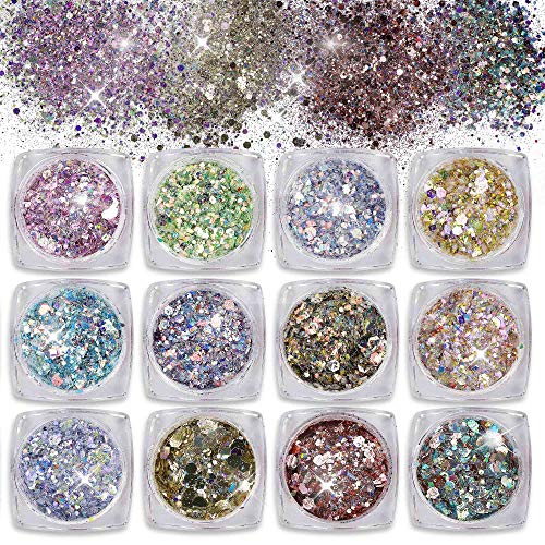 Glitter per Unghie Chunky Sparkle Glitter Paillette Scatole Glitter Set per Viso Corpo Capelli Nail art 12 Colori
