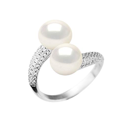 Pearls & Colors - Anello da donna con perle coltivate d'acqua dolce, 9 – 10 mm, colore bianco naturale, qualità AAA+, misura regolabile, in argento 925 millesimi, gioiello da donna
