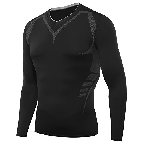 Amzsport, maglietta da uomo a compressione, a maniche lunghe, funzione BaseLayer nero XL