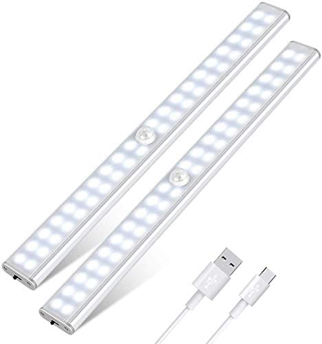 Luce Armadio 40 LED, Tanbaby Luce per Armadio, Lampada Armadio con Sensore Movimento, USB Ricaricabile, Luce LED con Striscia Magnetica Adesiva, per Armadio, Scale, Corridoi, Cucina, Garage (2 Pezzi)