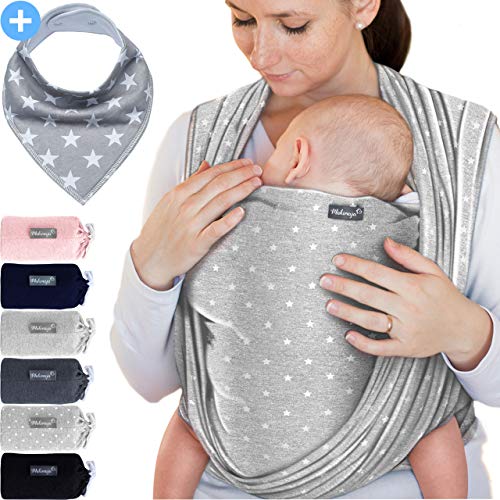 Makimaja - scia porta bebè grigio chiaro con stelle – tracolla di alta qualità per neonati e bambini fino a 15 kg – cotone leggero – include una borsa portaoggetti e un bavaglino