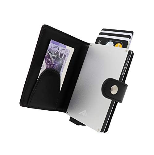 STEALTH WALLET Porta Carte RFID - Portafogli Minimalisti con Blocco NFC - Titolare della Carta Credito in Metallo Leggero e Sottile (Alluminio Argento con Pelle Nera e Fermasoldi)