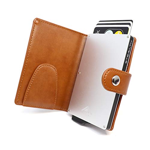 STEALTH WALLET Porta Carte RFID - Portafogli Titolare della Carta Credito Minimalisti (Alluminio Argento con Pelle Marrone e Fermasoldi)