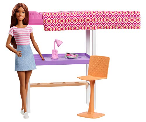 Barbie Playset Camera da Letto, Bambola Brunette con Letto, Scrivania e Accessori, Giocattolo per Bambini 3+ Anni, FXG52