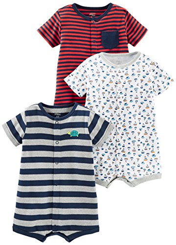 Simple Joys by Carter's Baby - Confezione da 3 pagliaccetti ,Red Stripe/White Sailboats/Navy Stripe ,3-6 months
