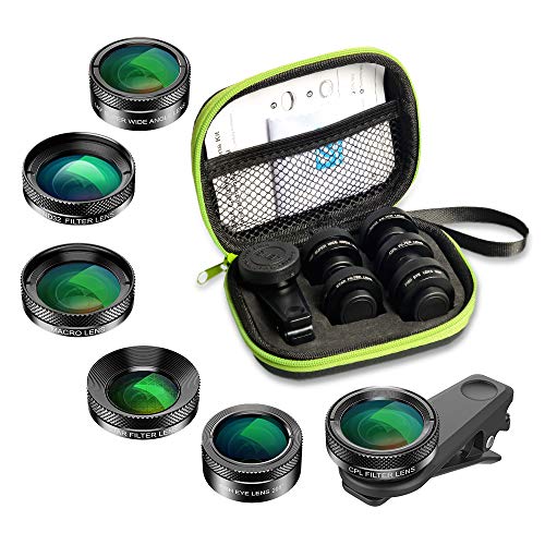 APEXEL 6 in 1 Kit obiettivo fotocamera con obiettivo fisheye 205 ° + grandangolo 140 ° e filtro macro + macro 25x e CPL/Star/ND Filter per iPhone Samsung e la maggior parte degli smartphone