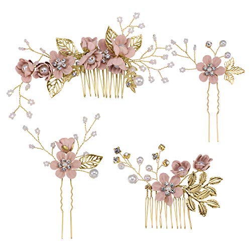 Toyvian - Fermaglio a pettine per capelli con strass, decorazione floreale nuziale, adatto a matrimoni, 4 pezzi, colore: rosa