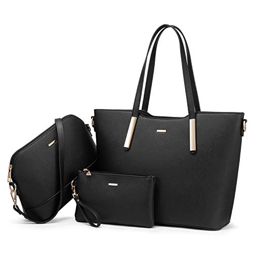 LOVEVOOK Borsa da donna shopper borsa a tracolla borsa da donna borsa grande tote per ufficio scuola shopping viaggio borsa in pelle set da 3 pezzi nero