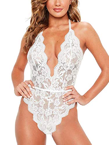 Tuopuda Lingerie Donna Sexy Hollow Halter Babydoll Trasparente Camicia da Notte in Pizzo Pigiama Vestaglia Lace Intima da Notte Scollo a V Erotico Sleepwear